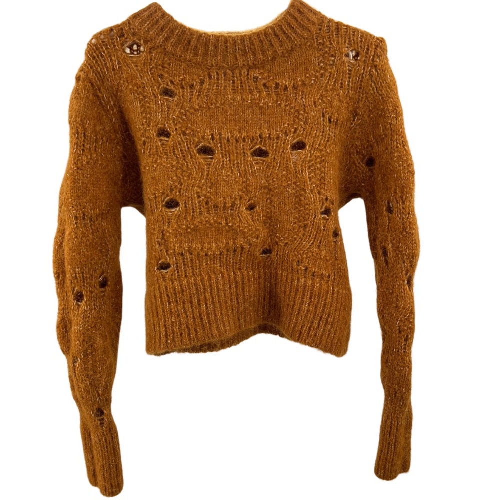 H&M burnt orange wool alpaca distressed cropped fitted sweater pullover fall L